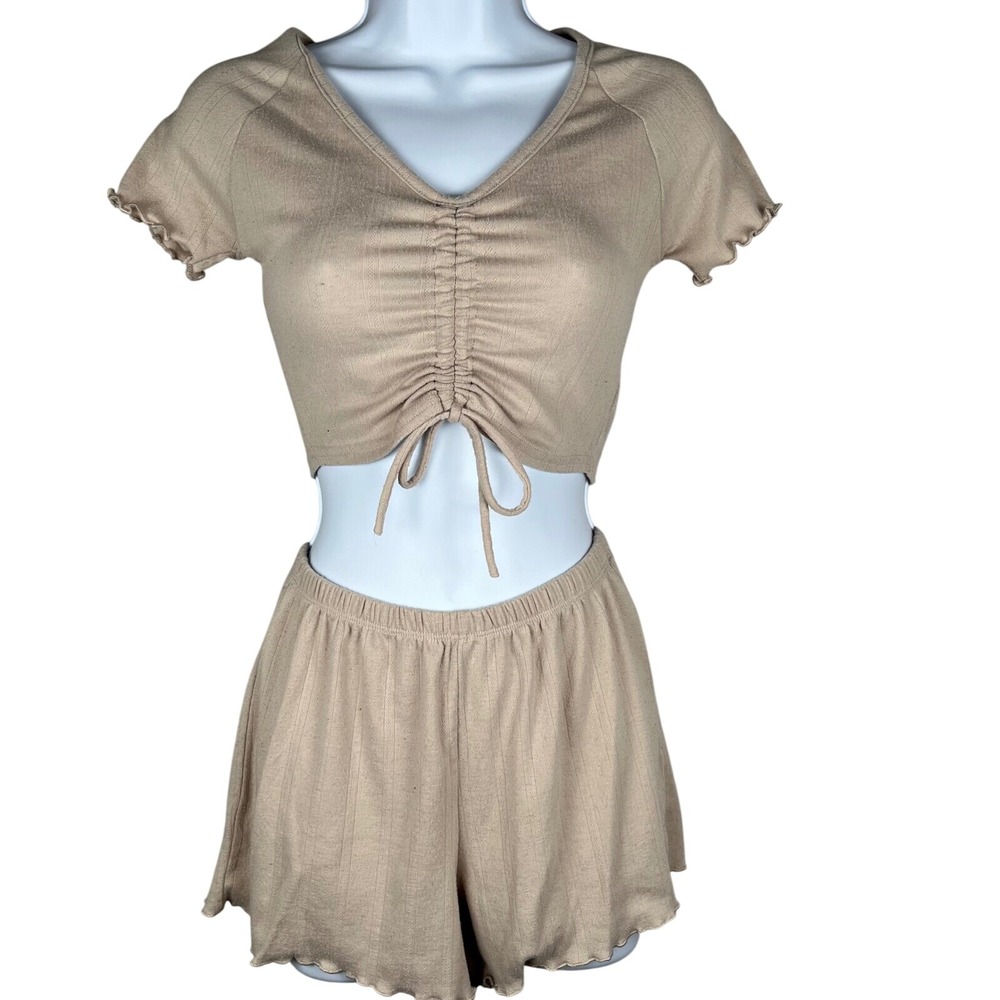 Colsie Lounge Set Crop Top Drawstring Lettuce Edge Ribbed‎ Knit Women's XS Tan